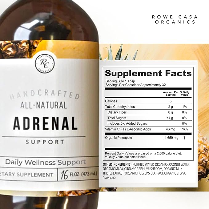 Rowe Casa Organics Adrenal Support Supplements for Daily Balance &amp Vitality – Liquid Drops with Organic Botanical Herbs – Unflavored Formula for Adults &amp Ages 12 &amp Up 16 Fl. Oz.