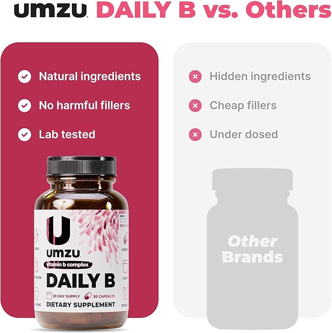 UMZU Daily B 30 Day Supply – Complete Vitamin B Complex Supplement Blend with B1 B2 B3 B5 B6 B7 B9 &amp B12 Plus Folic Acid &amp Biotin – Supports Energy Focus Mood Metabolism &amp Overal