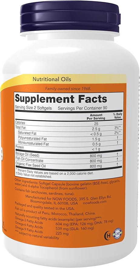 NOW Foods Supplements Super Omega 3-6-9 1200 mg with a blend of Fish Borage and Flax Seed Oils 180 Softgels