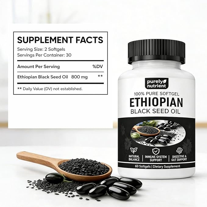 Ethiopian Black Seed Oil Capsules 4.64% Thymoquinone – Purely Nutrient Organic Cold Pressed Black Cumin Seed Oil Softgels Non-GMO Gluten-Free 60 Softgels