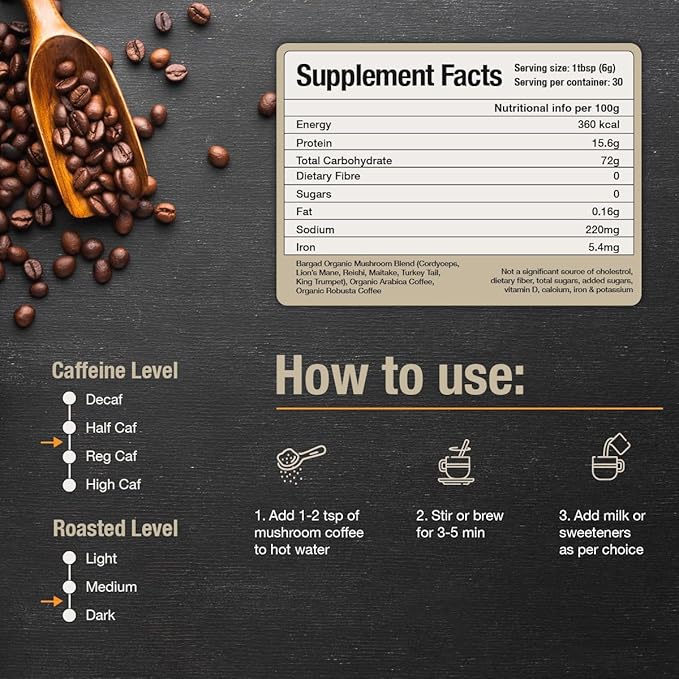 Bargad Mushroom Coffee | 6 Adaptogen Mushrooms | Premium Instant Coffee with Benefits of Lion's Mane Chaga &amp Turkey Tail for Better Focus Immune Support Energy Digestion &amp Skin | 30 Servin