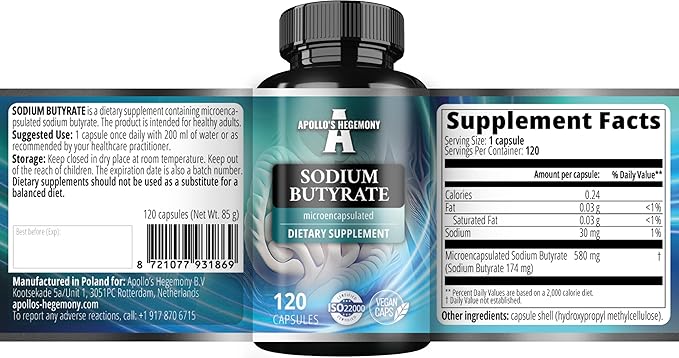 Sodium Butyrate High Dose 580 mg (30% Butyric Acid) 120 Vegan Capsules 4 Month Supply Sodium Supplement to Support Overal Gut Health - by Apollo's Hegemony