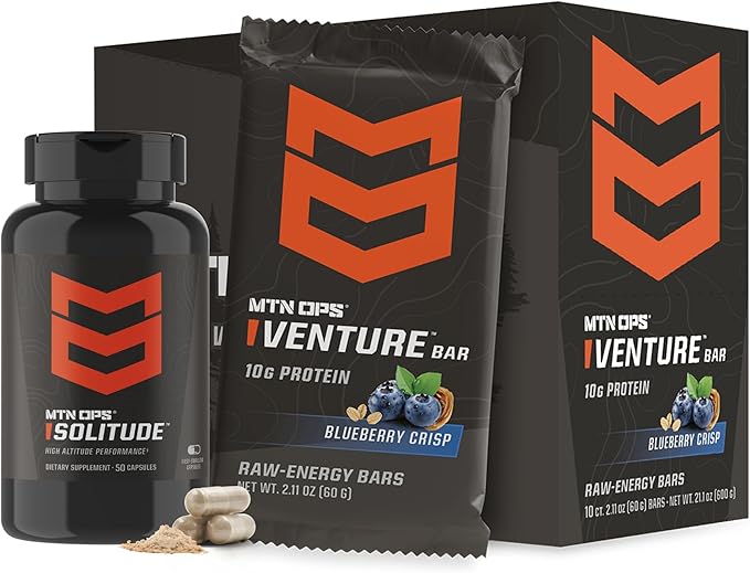 MTN OPS Solitude Altitude Support &amp Venture Bars Blueberry Crisp Bundle – Altitude Sickness Support Supplement + Energy Bars for Hiking Trekking Backpacking &amp Mountain Adventures