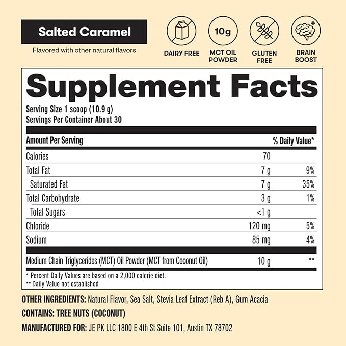 Perfect Keto 7g MCT Oil Powder Medium Chain Triglycerides Supplement Non Dairy Coffee Creamer for Keto Diet Ketogenic MCT Oil Mix for Coffee Smoothie Protein Shakes Salted Caramel 30 Servings