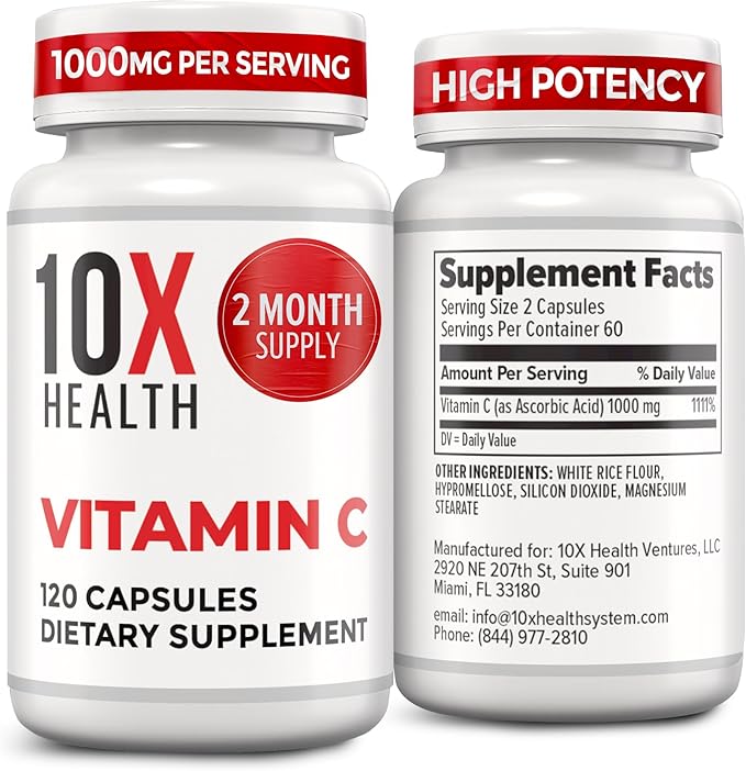 10X Health Vitamin C 1000mg - 120 Capsules Vitamin C High Dose Ascorbic Acid for Immunity Antioxidant Protection Collagen &amp Tissue Support for Adults - VitaminC 1000 mg - Non-GMO Gluten-Free
