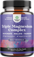 Triple Magnesium Complex Supplement - High Absorption Magnesium Glycinate Malate &amp Taurate Blend for Muscles Energy Support &amp Heart Health - Triple Mg Complex 400 mg Capsules - 180 Count