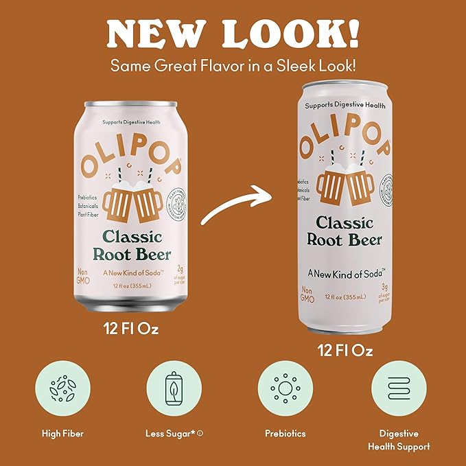 OLIPOP Prebiotic Soda Pop Classic Root Beer Pantry Pack Packed with Prebiotics Fiber and Botanicals Gluten Free GMO Free 12oz Skinny (12-Cans)