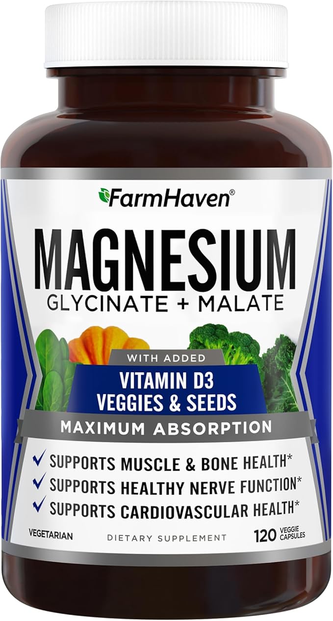 FarmHaven Magnesium Complex –Magnesium Glycinate &amp Malate w/Vitamin D3 100% Chelated for Max Absorption Vegetarian – Bone Health Nerves Muscles 120 Capsules 60 Days