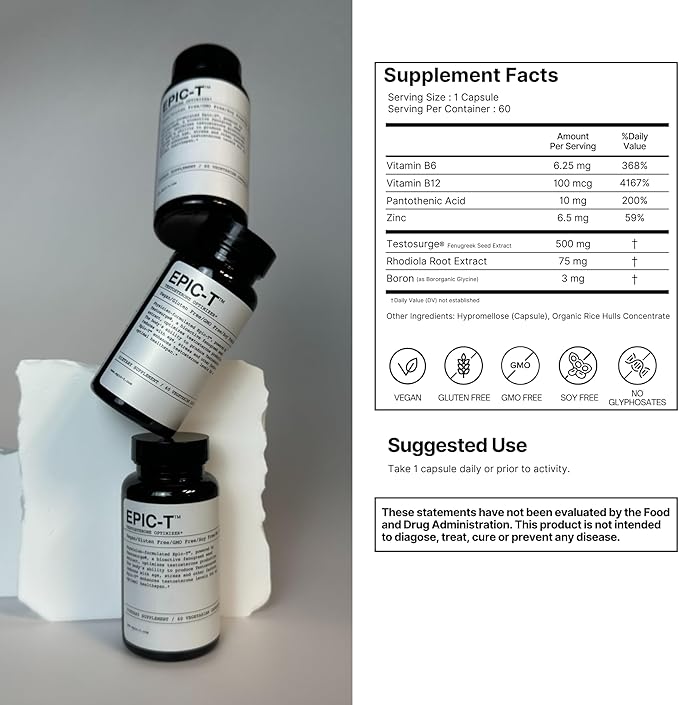 EPIC-T Testosterone Support Supplement for Men | Plant-Based Formula with Testosurge B-Complex B12 Zinc &amp Boron | Vegan Non-GMO Daily Support