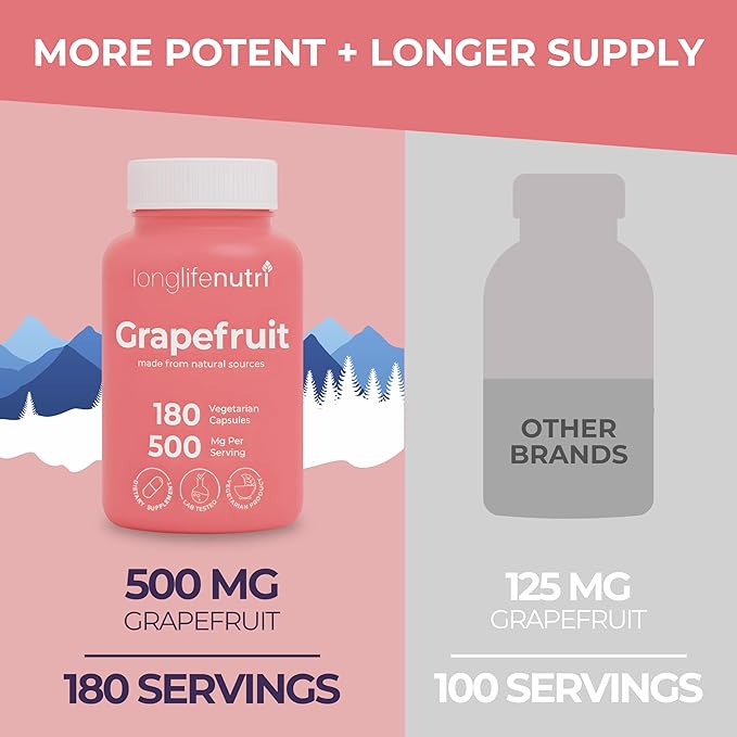 Grapefruit Seed Extract 500mg - Derived from Citrus Paradisis 180 Vegetarian Capsules Organic Naringin Supplement for Daily Energy &amp Balance 6-Month Supply GMP Certified Made in USA