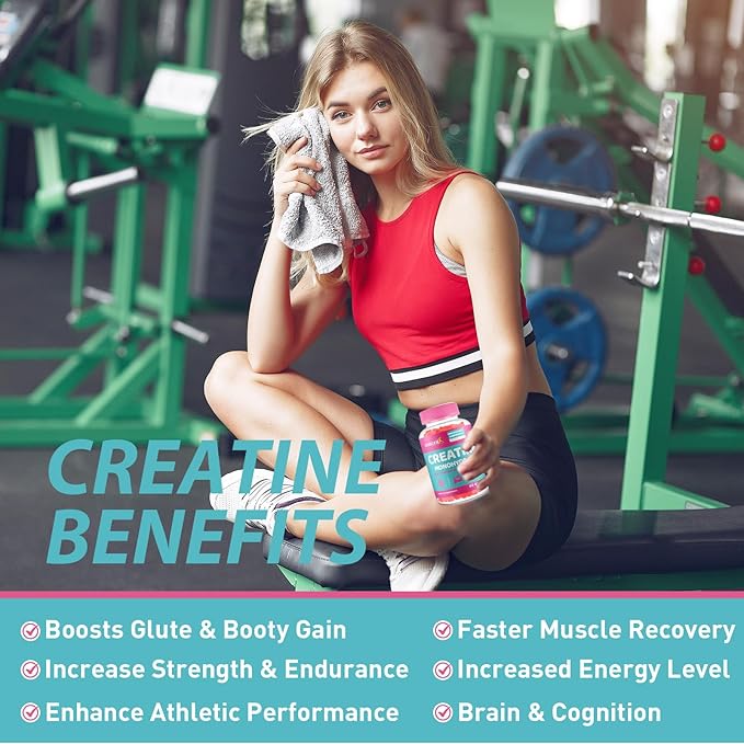 Creatine for Women Creatine Monohydrate Gummies - No Bloating - Pre and Post Workout Chewables Supplement with Taurine &amp B6 - for Recovery Strength Energy &amp Booty Performance 60 Counts