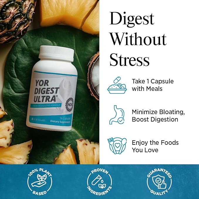 YOR DIGEST ULTRA - Digestive Enzymes for Bloating &amp Digestion Gut &amp Digestive Health Max Strength Instant Relief Gentle 15 Plant-Based Enzymes Vegan Gluten-Free Helps Digest Large Meals