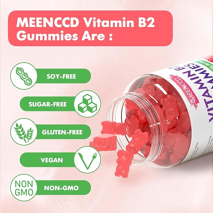 MEENCCD Vitamin B2 Gummies Riboflavin 400mg Supplement with Magnesium for Kids &amp Adults B2 Gummies for Migraine Relief &amp Nervous System Support Vegan Sugar-Free Raspberry Flavor 60 Count
