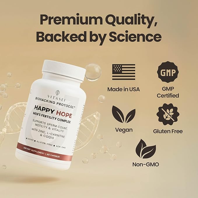 Vitasei Happy Hope Men’s Fertility Supplement – Zinc L-Carnitine &amp CoQ10 for Sperm Health Energy &amp Vitality – Supports Male Reproductive Wellness &amp Sperm Motility – Vegan &amp Gluten-Fr