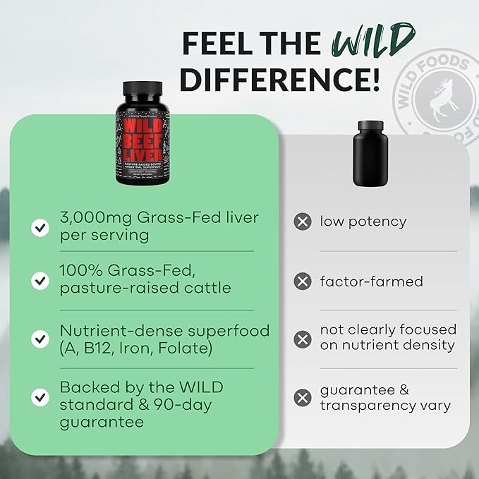 Wild Foods Beef Liver Capsules - Grass-Fed &amp Pasture-Raised | 3000mg Ancestral Supplement for Natural Energy &amp Immune Support | Organ Supplement for Men &amp Women | Keto Paleo Carnivore (1