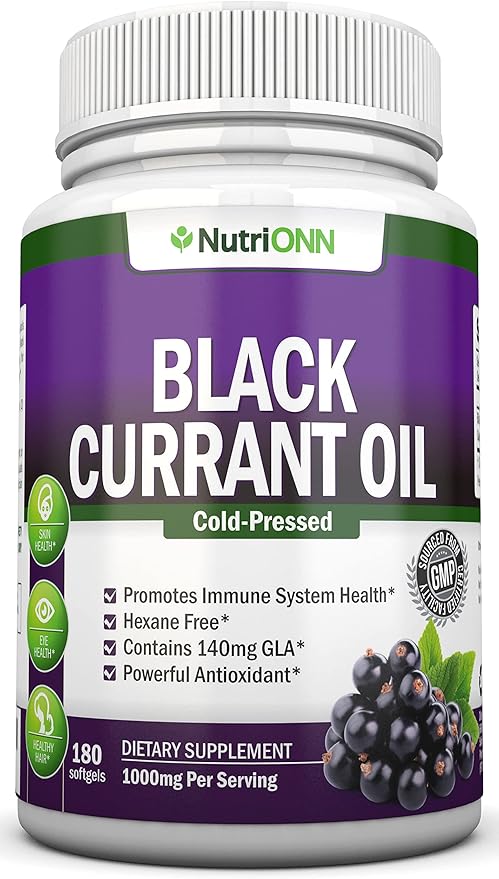 Black Currant Oil - 1000 Mg - 180 Softgels - Cold-Pressed Pure Black Currant Seed Oil - Hexane Free - 140mg GLA Per Serving - Regulates Hormonal Balance - Great For Immune System Hair and Skin