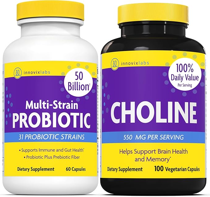 InnovixLabs Choline &amp Multi Probiotic Bundle Choline Bitartrate 550mg (100 Capsules) Multi Strain Probiotics (60 Capsules). Supports Memory Mood Brain Health &amp Boost Cognitive.*