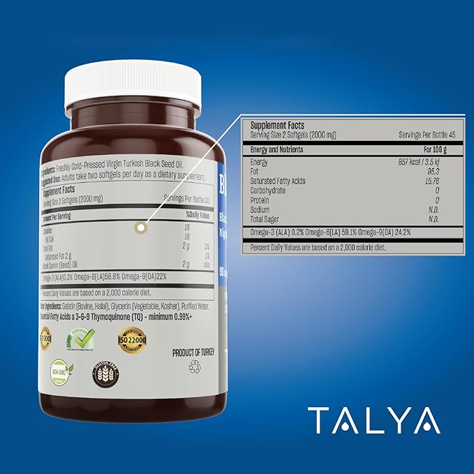 TALYA Black Seed Oil Softgel with High Thymoquinone - Immune Support - Digestive Health - Brain Function - Joint Mobility - Cold-Pressed - Non-GMO - Turkish Black Cumin Seed 90 Capsule