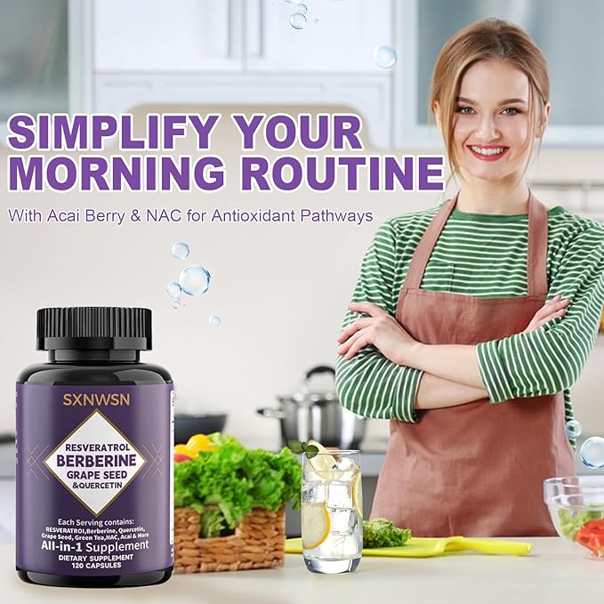 Resveratrol &amp Berberine Complex 120 Capsules - Antioxidant Support with Grape Seed Quercetin &amp NAC Promotes Healthy Cellular Function &amp Metabolism