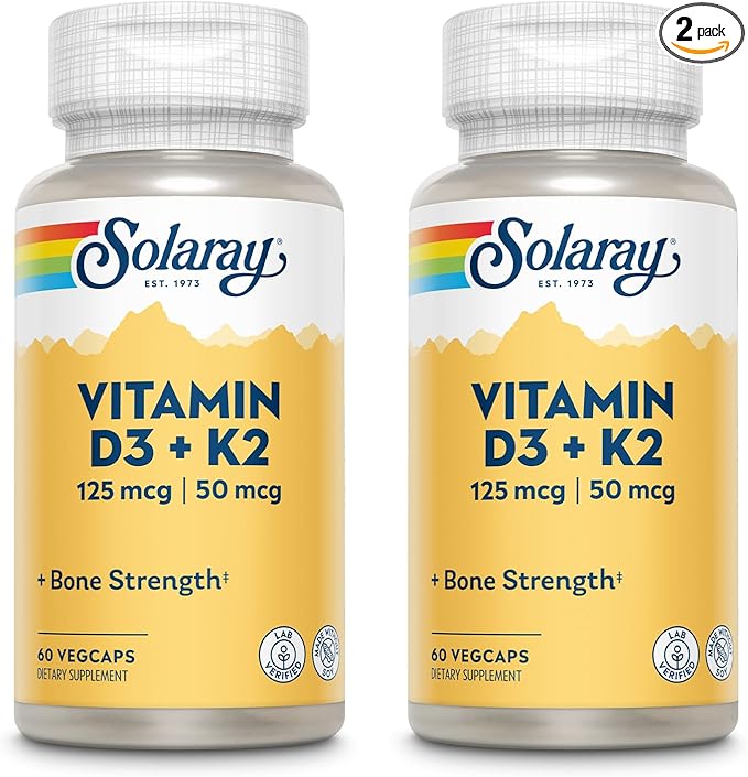 SOLARAY Vitamin D3 + K2 D &amp K Vitamins for Calcium Absorption and Support for Healthy Cardiovascular System &amp Arteries Non-GMO &amp No Soy