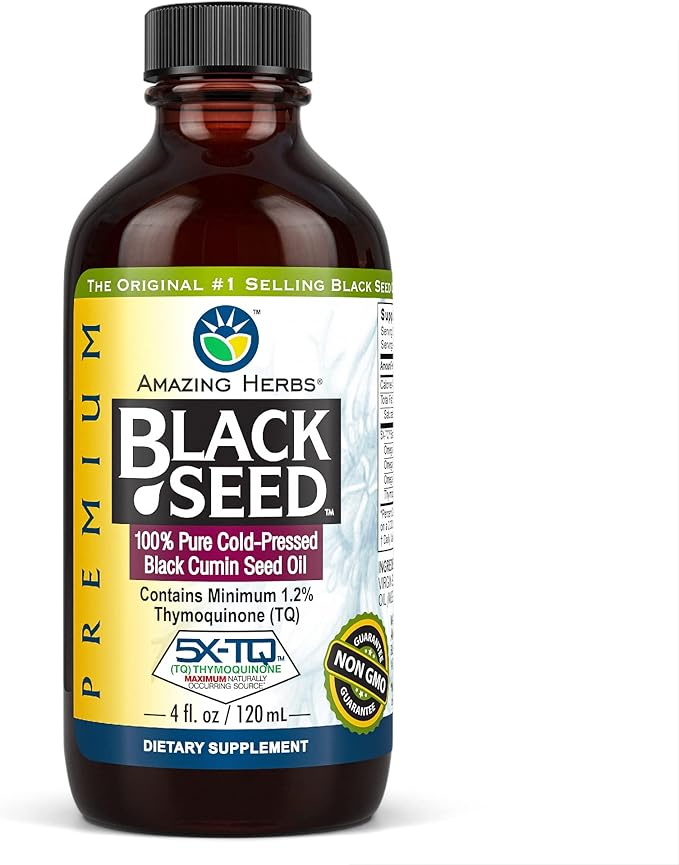 Amazing Herbs Premium Black Seed Oil - Gluten Free Non GMO Cold Pressed Nigella Sativa Aids in Digestive Health Immune Support Brain Function - 4 Fl Oz