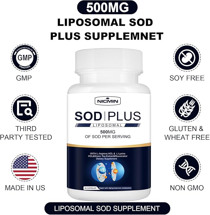 Superoxide Dismutase Supplement 500mg - SOD Plus with Liposomal Glutathione AKG Green Tea Extract L-Arginine Lysine Resveratrol and Vitamin E for Immune Support Antioxidant 180 Capsules