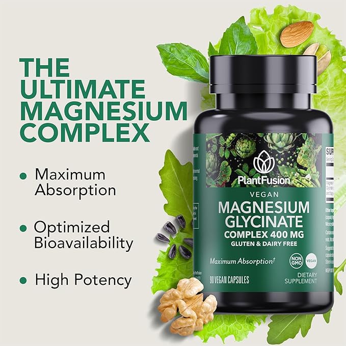 PlantFusion Vegan Magnesium Glycinate Complex 400 mg - High Absorption &amp Bioavailability - Chelated - Supports Muscle Relaxation Sleep Cardio Health Stress Relief and Energy Production - Non G