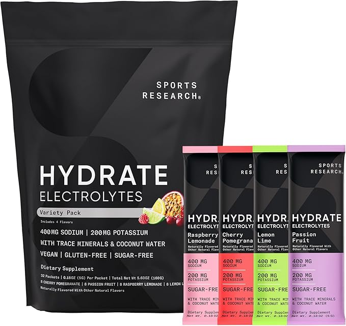 Sports Research L-Glutamine (100 Servings) Sugar-Free &amp Naturally Flavored Hydrate Electrolytes (16x Variety Pack) and Vanilla Flavored Whey Protein Isolate (26 Servings)