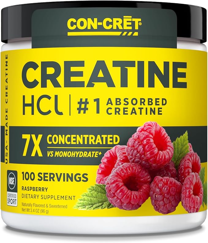 CON-CRET Creatine HCl Powder | Muscle Cognitive Cellular Energy Support | No Bloating or Cramps | USA Made &amp NSF Certified | Raspberry (100 Serving)