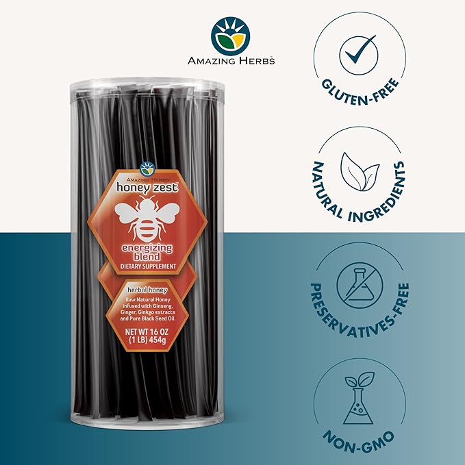 Amazing Herbs Raw Natural Honey - Herbal Honey Infused with Ginseng Ginger Ginkgo Extracts &amp Pure Black Seed Oil Non GMO Gluten Free Immune Booster - Honeyzest Energizing Straws 100 Count