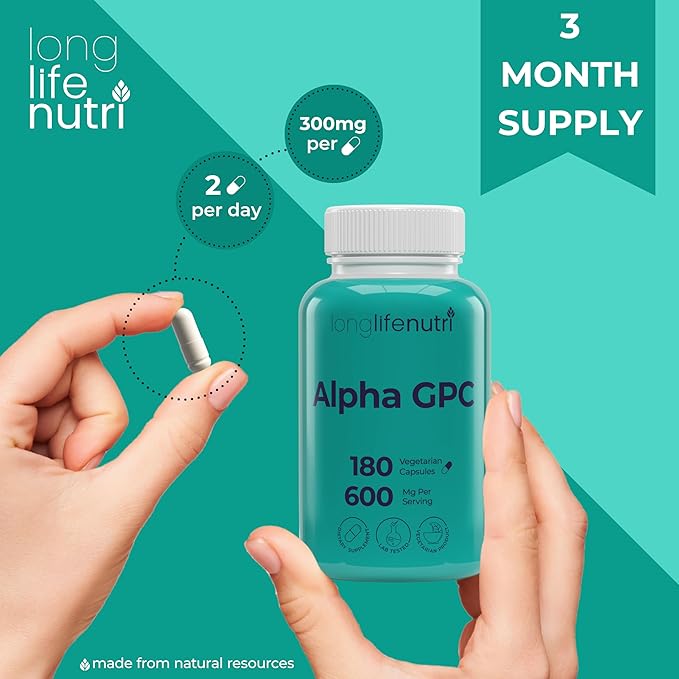 Alpha GPC Choline Supplement 600mg – 180 Vegetarian Capsules High Purity Nootropic for Daily Energy 3-Month Supply Acetylcholine Source for Cognitive &amp Mental Clarity GMP Certified Made in US