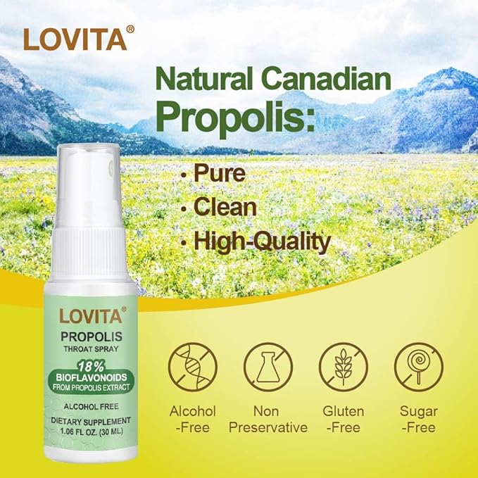 LOVITA Bee Propolis Bundle Liquid Drop with Thraot Spray 5:1 Extract 18% Flavonoids Alcohol-Free Throat Soothing Antioxidant &amp Immune Support