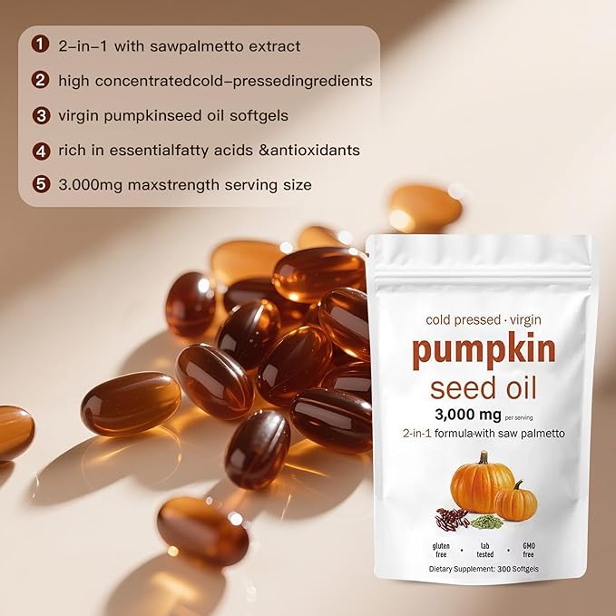 Pumpkin Seed Oil Capsules with Saw Palmetto – 300 Softgels | Cold Pressed Pure Virgin Oil | Supports Hair Urinary Bladder &amp Prostate Health | Non-GMO