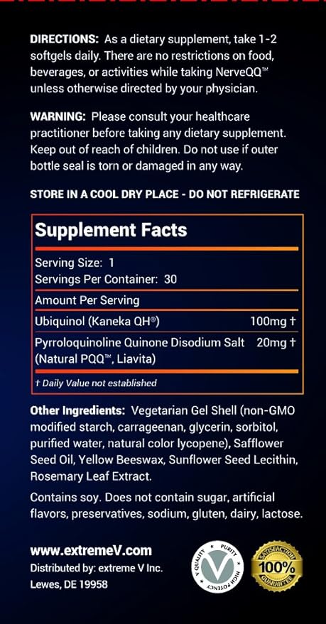 NerveQQ Ultra Advanced Formula Neuropathy Support - #1 Recommended Nerve Growth Factor (NGF) Health and Function. 100mg of Ubiquinol (QH) Plus Natural PQQ 20mg (Vegetarian Softgels)