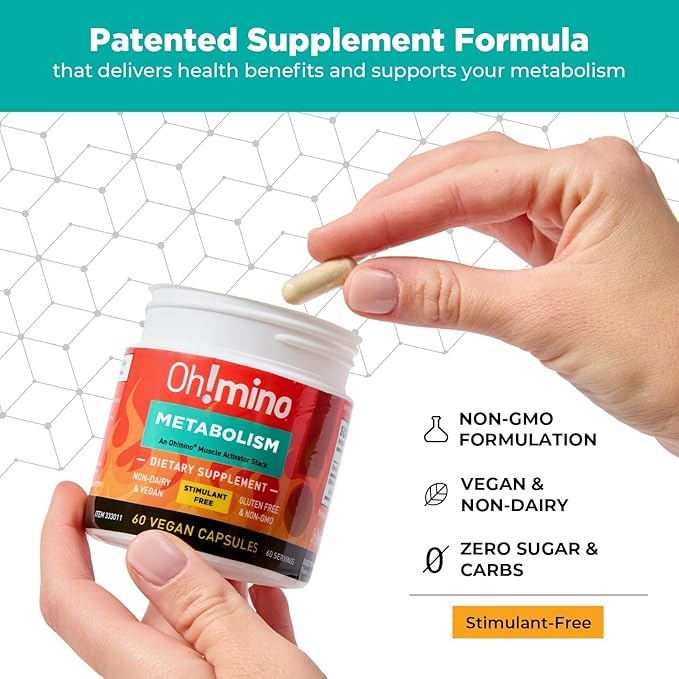 Oh!mino Metabolism Support Supplement for Efficient Fat to Energy Conversion w/L-Carnitine Phenylcapsaicin &amp Vitamin B3 - Non-Jitters Stimulant-Free Vegan Non-Dairy Capsules (60 Servings)