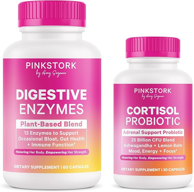 Pink Stork Cortisol Probiotic and Digestive Enzymes Bundle – Supports Digestive and Hormonal Wellness – Ashwagandha and Enzyme Supplement for Women