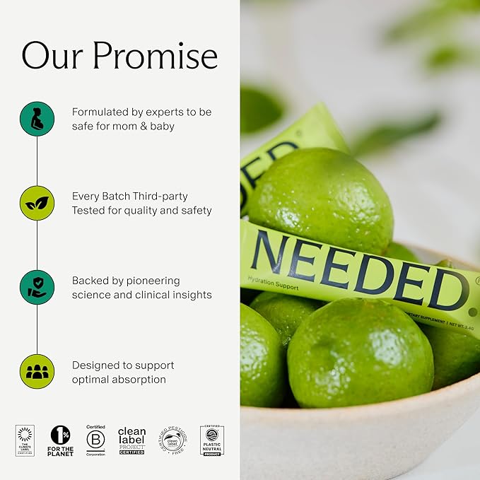 Needed. Hydration Support with Electrolytes &amp Trace Minerals – Electrolytes for Pregnancy &amp During Lactation - 30 Hydration Packets Lightly Sweetened with Hint of Lime