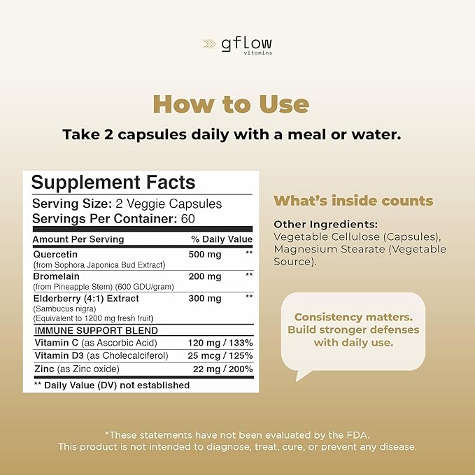 gflow vitamins Quercetin with Bromelain Zinc Vitamin C Vitamin D Elderberry - 120 Veggie Capsules Non-GMO Gluten-Free | Immune Support Supplement | Made in USA | 4 Months Supply