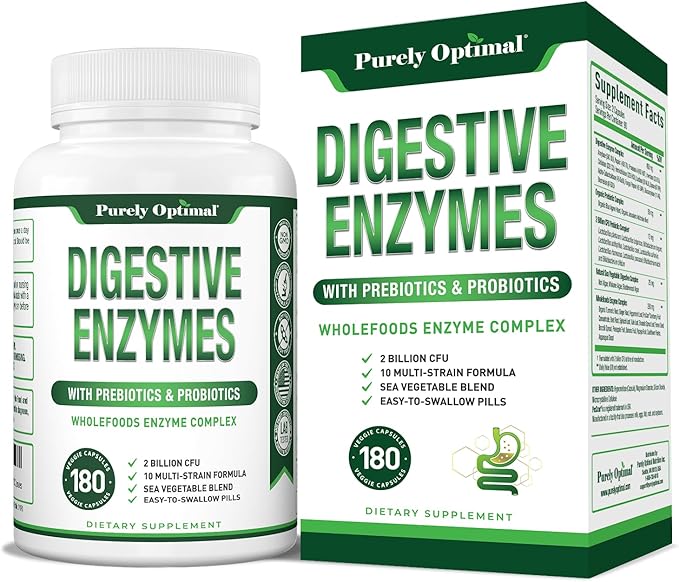 Purely Optimal Digestive Enzymes for Women and Men – Multi-Enzyme Supplement for Bloating Relief Digestion and Heavy Meal Support – with Probiotics and Prebiotics for Gut Health – 180 Capsules