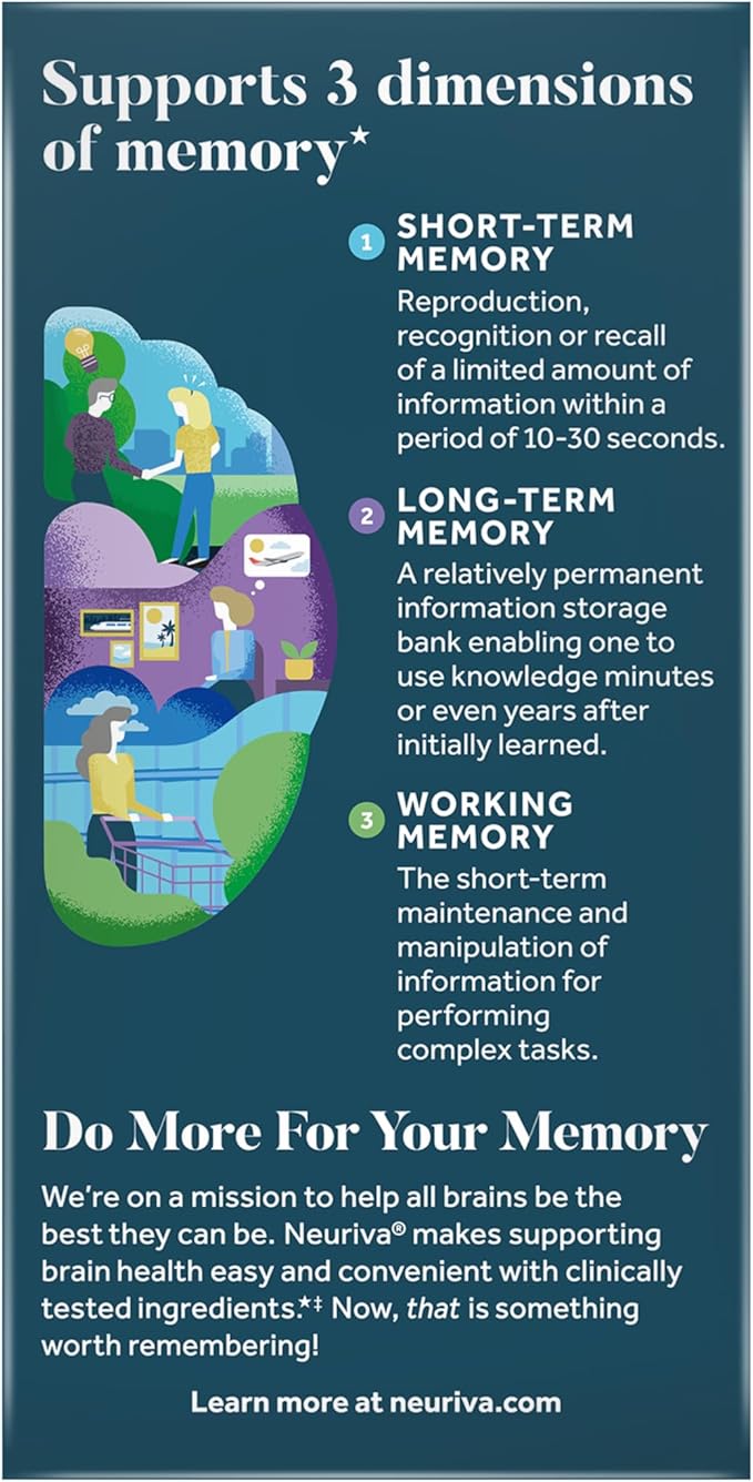 NEURIVA Memory 3D Brain Supplement - Nootropic Capsules for Memory Focus &amp Cognitive Function - Short Term Long Term &amp Working Memory Support - 50ct - Pack of 2