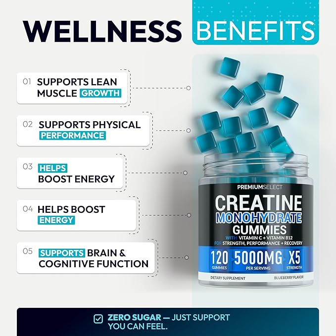 Sugar Free Creatine Monohydrate Gummies 5g Per Serving - 120 Monohydrate Creatine Gummies Advanced Complex with Vitamin C + Vitamin B12 for Muscle Strength Energy Boost Pre-Workout Gummy