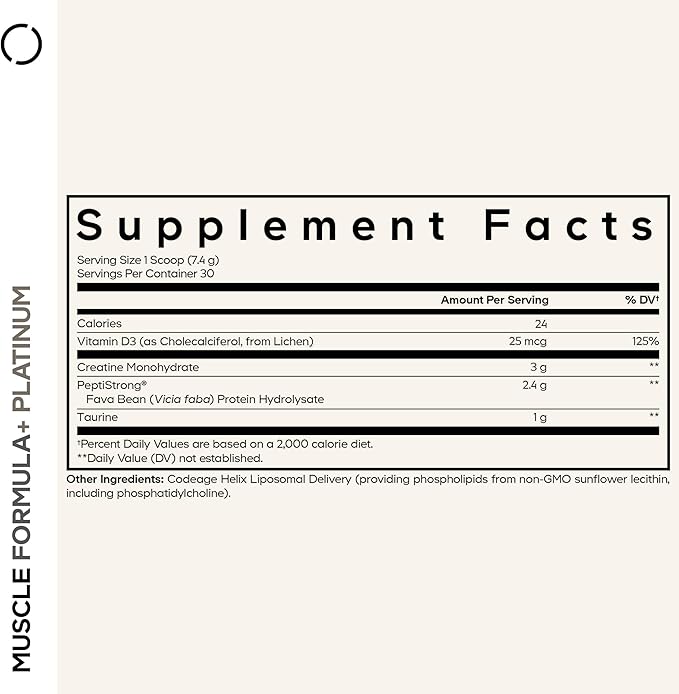Codeage Muscle Formula+ Platinum Supplement - Creatine Monohydrate PeptiStrong Fava Bean Protein Hydrolysate Taurine Vitamin D3 Liposomal Delivery - Non-GMO - Unflavored Protein Powder - 8.78 Oz