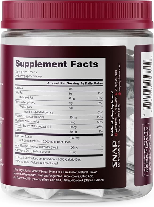 Snap Supplements Heart Beets Beet Root Soft Chews Cardiovascular Support Supplement for Men &amp Women CoQ10 &amp Acai Energy &amp Circulation Support Sugar Free Mixed Berry 60 Soft Chews