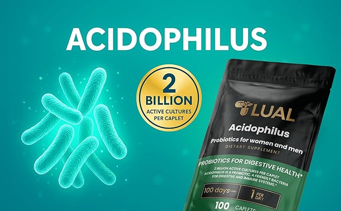 LUAL Acidophilus Probiotics for Women &amp Men – 2 Billion CFU per Caplet. Supports Digestive &amp Immune Health. Gluten-Free Non-GMO – 100 Caplets – 100 Days Supply – 1 Per Day
