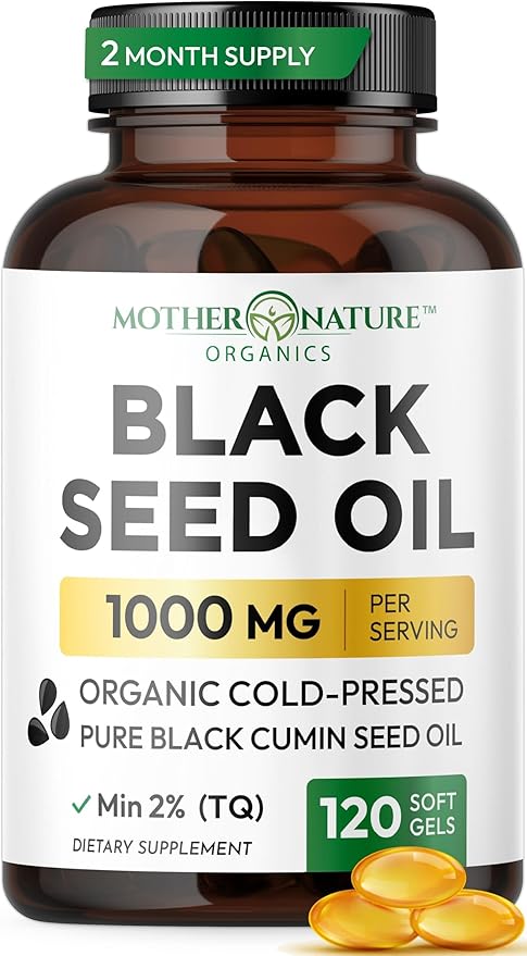 Black Seed Oil Capsules 1000mg Organic Cold Pressed Black Cumin High TQ Immune &amp Joint Support 120 Count (2 Month Supply)