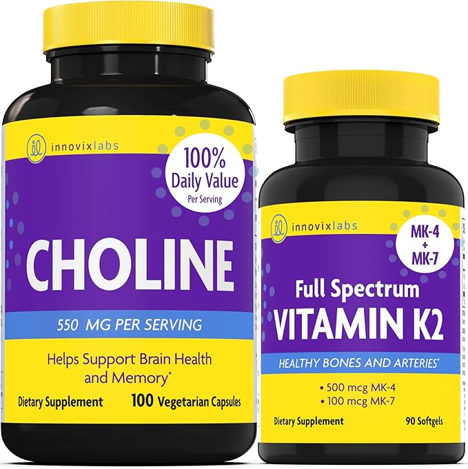 InnovixLabs Choline &amp Vitamin K2 Bundle Choline Bitartrate 550mg (100 Capsules) Full Spectrum Vitamin K2 (90 Softgels). Supports Memory Mood Brain Health &amp Boost Cognitive.*