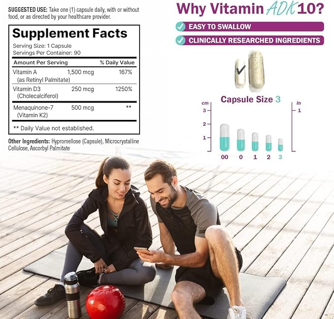ADK10 – ADK Vitamin Supplement | High Potency Vitamins A D3 (10000 IU) &amp K2 MK-7 for Bone Heart &amp Immune Health | 90 Tiny Capsules | 3 Month Supply | Non-GMO Gluten Free