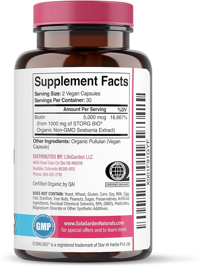 USDA Organic Whole Food Biotin Supplement Made with Plant-Based Biotin from Sesbania Agati Trees by SolaGarden Naturals 60 Non-GMO Vegan Capsules Supports Hair Skin and Nails Made in USA