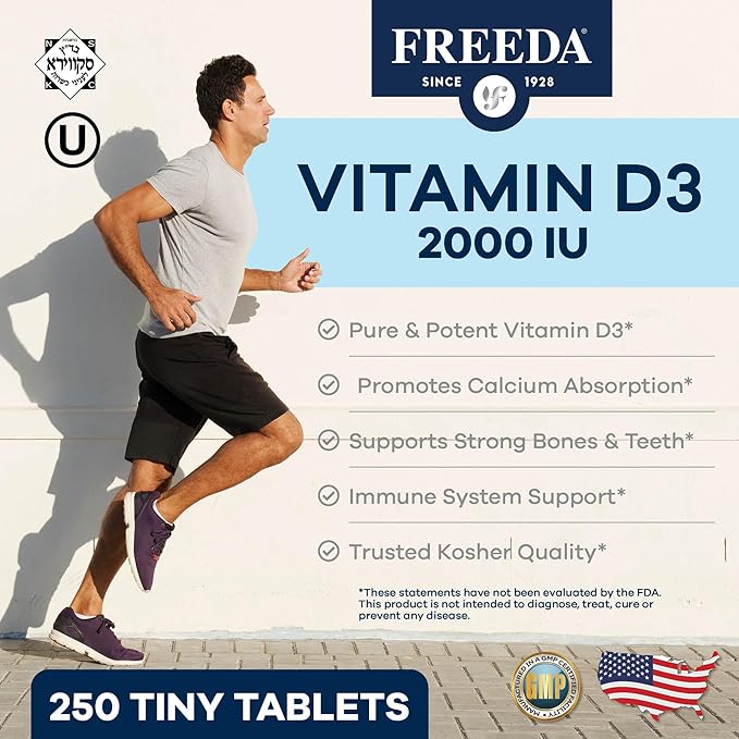 FREEDA Pure Vitamin D3 2000 IU – Moderate Strength – Bone Health Joint Muscle &amp Immune Support – VIT D3 Vitamin D Supplement for Women &amp Men – 50 mcg 2000 IU Easy-to-Swallow (250 Tiny Table