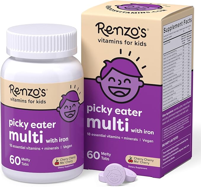 Renzo's Picky Eater Kids Multivitamin with Iron - Dissolvable Kids Vitamins with Iron Zinc Vitamin C Vitamin D E &amp K Sugar-Free Melty Tabs Cherry Flavor 60-Count (1-2 Month Supply)